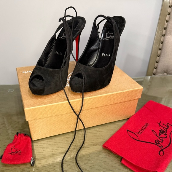 Christian Louboutin Black Suede Peep Toe Heels - Picture 3 of 14
